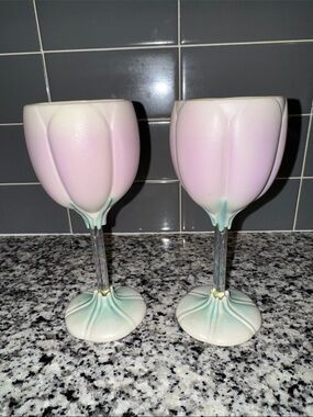 Pair of Pink Petal-Edged Ceramic Wine Glasses